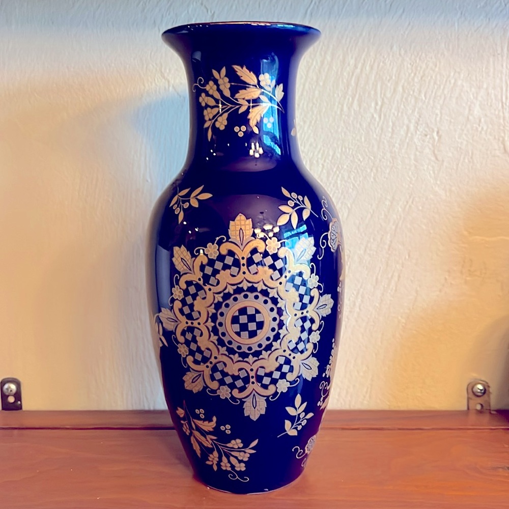Vintage Cobalt Blue with Gold Ornate Floral Design Vase